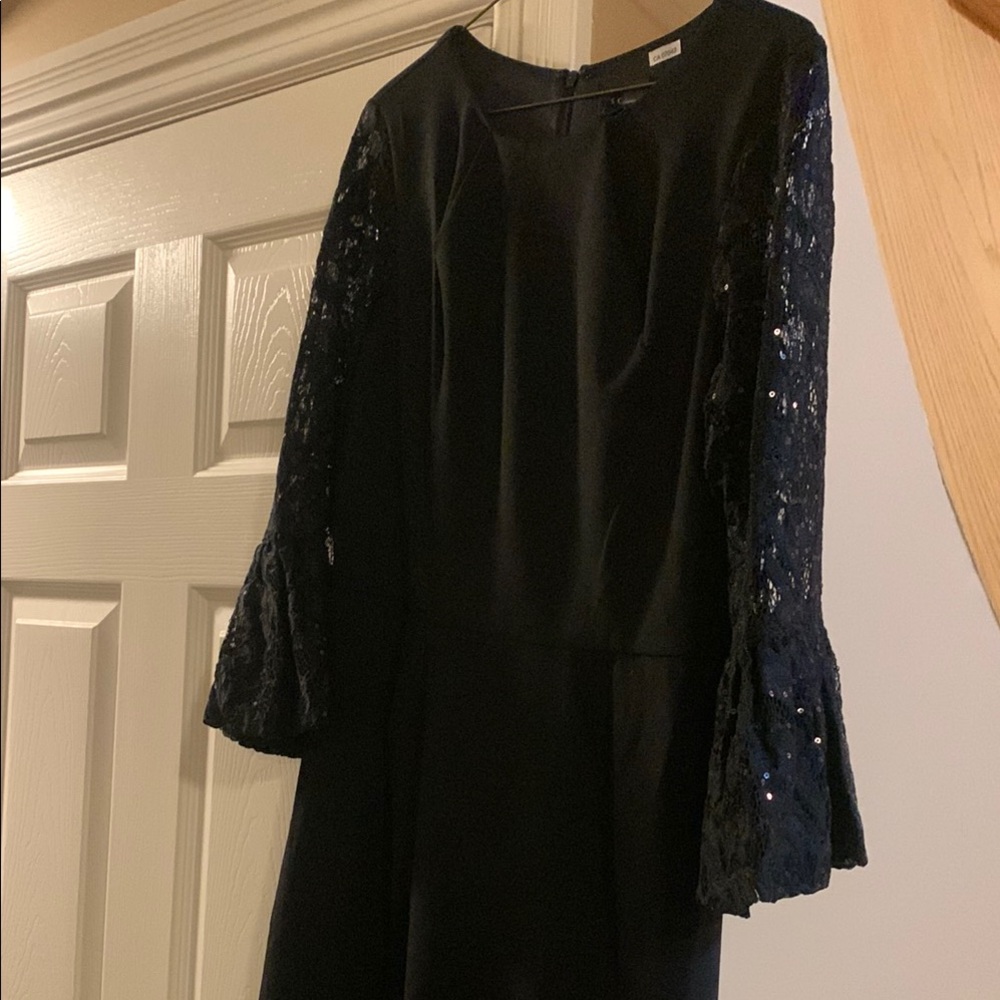 Elegant Black Dress with Sheer Lace Sequin Bell Sleeves